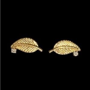 14K Solid Yellow Gold Leaf Earrings with Diamond Accents. Vintage - Real Gold.